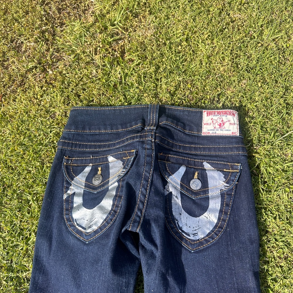 True Religion Women's Dark Indigo Boot Cut Jeans with Silver Pocket Accents